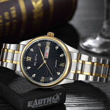 沃力仕(wlisth)手表时尚男士手表防水钢带手表夜光简约 手表 金边黑面