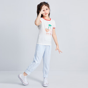 笛莎童装女童裤子2022夏款小女孩休闲裤7w2220411 蓝格子 160