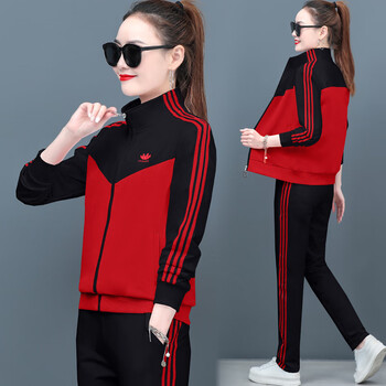 氧语运动套装女春秋广场舞新款三件套女士运动服长袖时尚休闲红色m