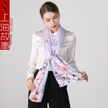 上海故事真丝丝巾女冬围巾旗袍空调披肩礼盒装杭州丝绸纱巾漫步花间蓝