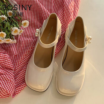 粗跟白色小皮鞋女夏秋冬季2023新款浅口复古法式玛丽珍单鞋子米白色35