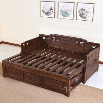 贝纳勒宏班匠 北方老榆木推拉罗汉床实木伸缩床卧室多功能中式家具