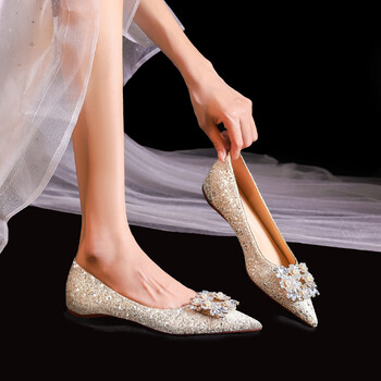 晴裴孕妇可穿水晶平底婚鞋感订女新娘鞋鞋秀禾婚纱两穿浅金色38