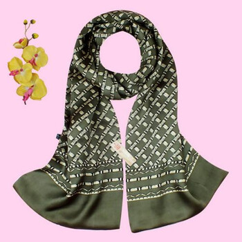 男士围巾素绉缎2017年秋冬季两层桑蚕丝丝巾 绿色竹节花