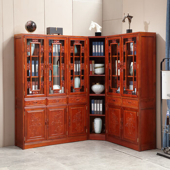 粤雅居 实木书柜香樟木 中式仿古玻璃门二三四五六门转角大书柜书架