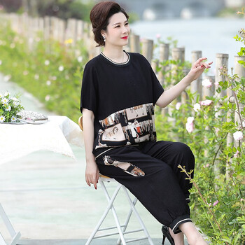 萌菲思胖妈妈加肥加大码夏季新款套装洋气中年上衣服40岁50中老年女装