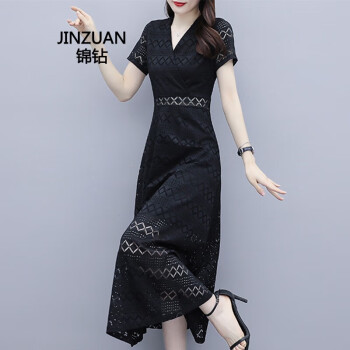 锦钻（JINZUAN）蕾丝连衣裙女装夏新款春秋洋气雪纺气质长裙高端显瘦 黑色 S (80-90斤)