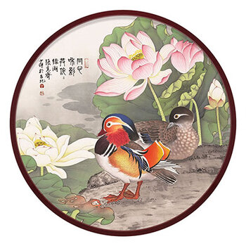 结婚礼物夫妻恩爱鸳鸯戏水荷花图卧室床头挂画新婚助姻缘装饰画圆