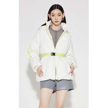 欧时力(ochirly)中长款羽绒服女新款秋冬撞色条配腰带保暖外套 白色 s