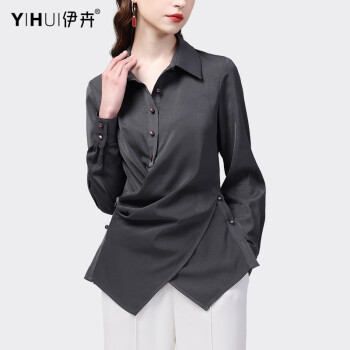 伊卉（YIHUI）设计感交叉法式衬衫女长袖时尚气质职业上衣洋气衬衣2024春装新款 灰色 3XL