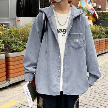 灯芯绒连帽外套男宽松春秋季新款韩版潮流休闲百搭长袖衬衫男学生美式