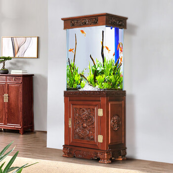龙鱼缸大型客厅水族箱落地家用中式超白木纹屏风玄关玻璃底过滤06米