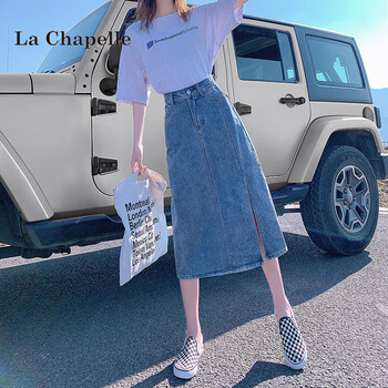 拉夏贝尔牛仔半身裙女夏季薄款新款百搭高腰显瘦遮胯开叉a字中长 蓝色