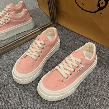 高颜值帆布鞋女2023秋季厚底甜美感校园风百搭学生休闲板鞋子粉红色35