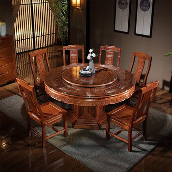 粤雅居 圆桌实木圆形餐桌中式仿古雕花菠萝格木大圆桌饭桌酒店饭店