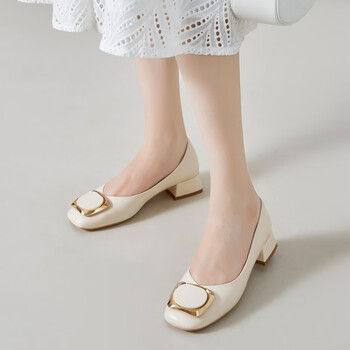 气质浅口一脚蹬懒人鞋金属搭扣方头豆豆鞋通勤低跟百搭女鞋米色37码