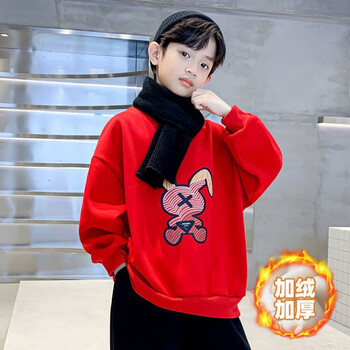 韵泽男童卫衣秋冬中大童1012岁男孩拜年服青少年兔年本命年衣服红色