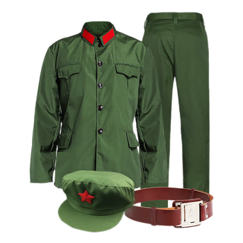 怀旧军绿服演出服索絮聚会军绿装套装 的确良-4兜【含帽 腰带 领章 4