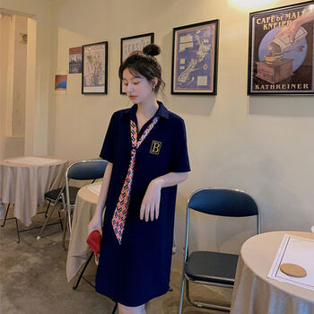 码女装微胖t恤胖mm特300斤领带t恤裙2023夏季宽松藏肉显瘦polo 藏青色