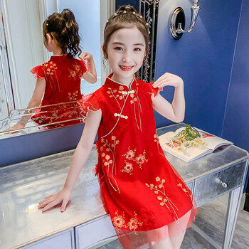 京蝌蝌女童旗袍夏季连衣裙10夏装3洋气7女孩休闲简约8儿童5夏天复古裙