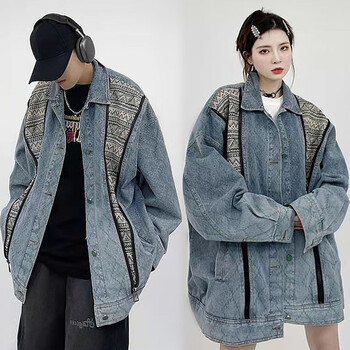 yxko拼接牛仔夹克男春秋新款潮流翻领宽松休闲复古情侣外套上衣服男