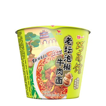 统一巧面馆方便面红油老坛泡椒牛肉面107g桶面12整箱装tty