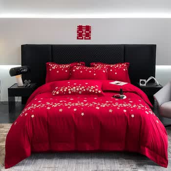 婚庆四件套全棉纯棉2023新款感刺绣被套红色新婚结婚床上用品 繁花