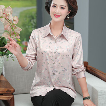 中老年女士长袖真丝衬衫妈妈装夏装中年人女上衣印花翻领洋气小衫阔