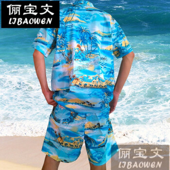 海边旅游度假沙滩衣服男海南衫海岛服金椰棉绸衬衫三亚印花套装居家