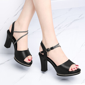 高跟鞋时尚百搭一字扣厚底防水台皮凉鞋芊娇兔黑色头层牛皮标准尺码