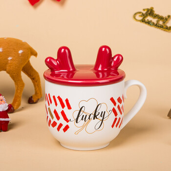 圣诞新款幸运鹿角 带杯盖陶瓷马克杯咖啡杯办公室水杯55ml 幸运鹿角杯