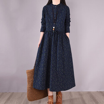 棉麻连衣裙秋冬宽松大码气质碎带收腰长袖大摆亚麻中长裙秋冬款面嘛质