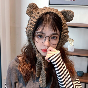 毛线帽女冬天百搭可爱秋冬季头套绿帽子护耳罩保暖套洋气 咖啡色猫耳