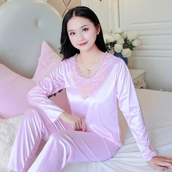 睡衣女薄款冰丝春秋长袖套装性感仿真丝绸家居服女士两件套qms2020浅