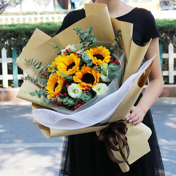 来一客鲜花速递向日葵百合花粉玫瑰花束生日祝福全国同城送花上门5朵向日葵花束搭配红豆尤加利 图片价格品牌报价 京东