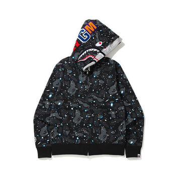 日本潮牌bape鲨鱼外套老虎头双帽夜光迷彩蓝色宽松猿人头拼接连帽卫衣