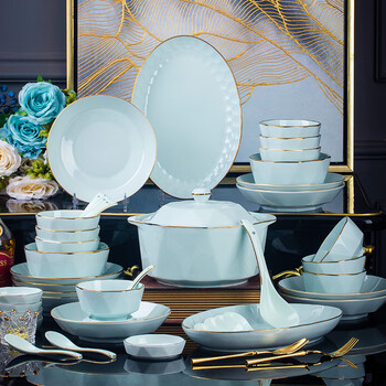 图(putu)碗碟套装陶瓷餐具影青饭碗面碗大汤碗轻奢手工描金钻石碗礼品