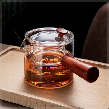 佩舟玻璃制品侧把茶壶玻璃耐高温泡茶壶木把花茶壶侧把壶侧把壶500ml
