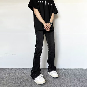 nasalike街头侧边排扣宽松直筒牛仔裤男阔腿老爹裤潮n088-p52 黑色