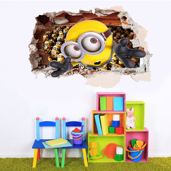 3d视觉墙贴画儿童房间卧室立体画卡通动漫海报墙上贴纸不透明 小黄人
