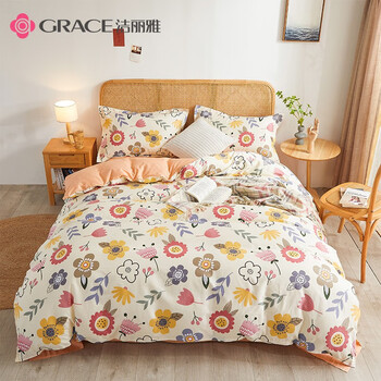 洁丽雅 （grace ）全棉斜纹四件套 简约床上用品北欧风双人被套200*230cm床单枕套 1.5/1.8米床 春天里