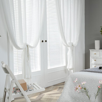 怀临白纱窗帘卧室窗纱飘窗薄纱雪纺纱魔术贴透光不透人免打孔白色纱帘