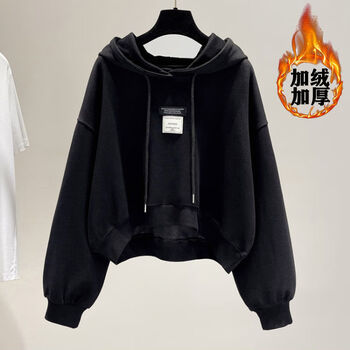 女生穿的高腰短款长袖卫衣春季薄款短款连帽长袖卫衣黑色加绒加厚s