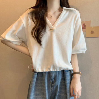 木带短袖t恤女夏ins潮宽松显瘦洋气减龄小个子短款v领半袖上衣 白色