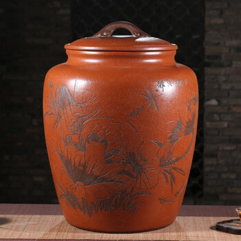 郑宗特大号宜兴紫砂大缸黑朱砂如意带木架底座茶缸普洱白茶储存罐单