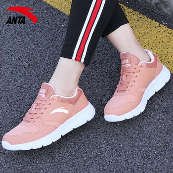 安踏女鞋运动鞋女2021夏季新款皮面休闲鞋子女粉色跑步鞋 粉/安踏白