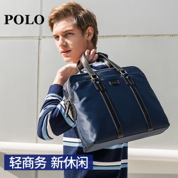 POLO 手提包男包男士包包商务横款休闲韩版牛津布单肩斜挎包公文包 蓝色双主袋