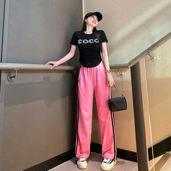 两件套气质型短袖修身休闲时尚套装女2023夏 黑色上衣 粉色裤子 s