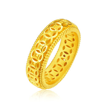 3d硬金黄金铜钱戒指足金999时尚镂空金指环男女情侣款对戒20号金重28