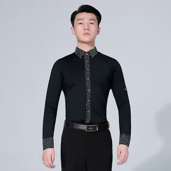 摩登舞衬衫男成年拉丁舞长袖练功服黑色国标舞上衣表演服装 男小白点